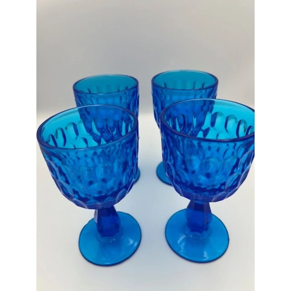 Fenton Vintage Cobalt Blue Thumbprint Water Wine Goblets Set of 4 Pedestal Glass